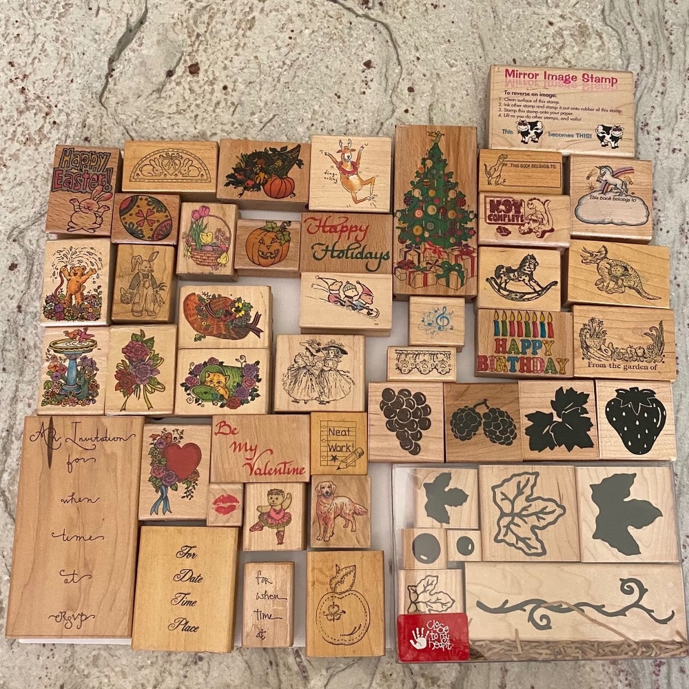 48 Assorted Vintage Rubber Stamps-Holidays, Teacher, Fruit, Vines, Invitations